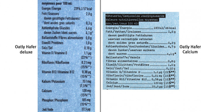 Nährwerte, Oatly Hafer deluxe und Oatly Hafer Calcium