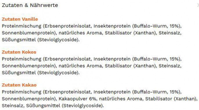 Screenshot Zutaten, Isaac Proteinpulver auf isaac-nutrition.de vom 07.07.2020 