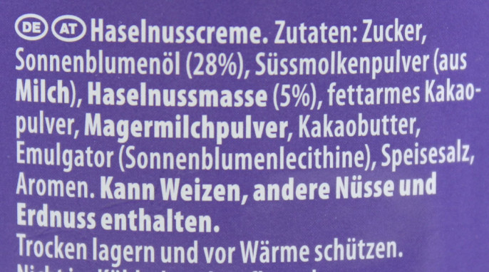 Zutaten, Milka Haselnusscreme