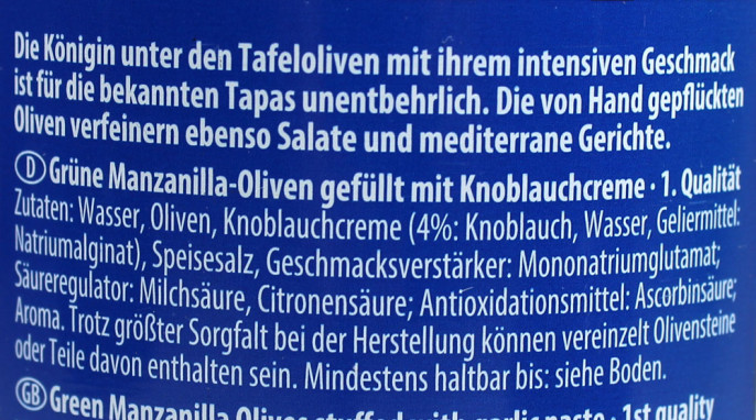 Zutaten, Ibero Spanische Manzanilla Oliven mit Knoblauchcreme