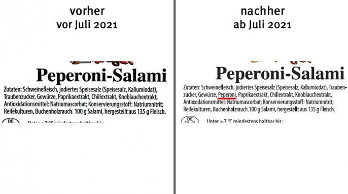 alt: Zutaten, Wiltmann Peperoni Salami, vor Juli 2021; neu: ab Juli 2021