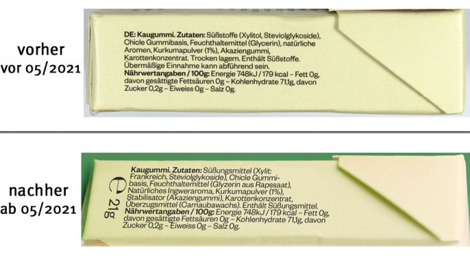 alt: Zutaten, True Gum Ingwer Kurkuma, vor 05/2021; neu: ab 05/2021, Herstellerfoto