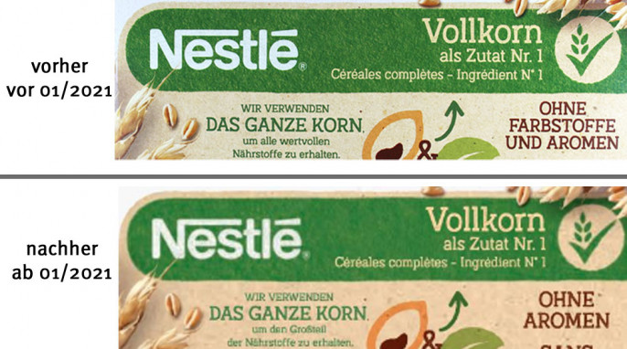 alt: Clean Label, Nestlé Multi Cheerios, Vollkorn, 2020; neu: 2021