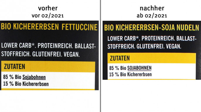 alt: Bezeichnung + Zutaten, Just Taste Bio Kichererbsen Fettuccine, bis 02/2021; neu: ab 02/2021