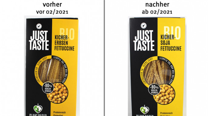 alt: Just Taste Bio Kichererbsen Fettuccine, bis 02/2021; neu: ab 02/2021