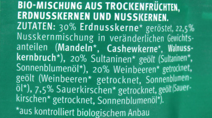 Bezeichnung und Zutaten, Share Bio-Studentenfutter mit Sauerkirschen