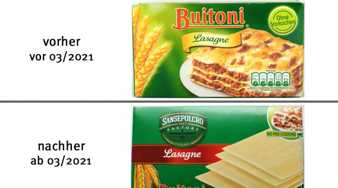 alt: Buitoni Lasagne, vor 03/2021; neu: ab 03/2021