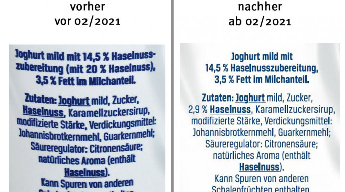 alt: Bezeichnung + Zutaten, Der Große Bauer Haselnuss, bis 04/21; neu: ab 05/21 