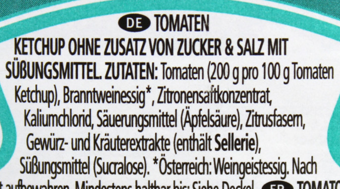 Zutaten, Heinz Tomato Ketchup ohne Zusatz von Zucker und Salz