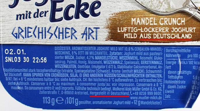 Herkunft, Müller Joghurt mit der Ecke Griechischer Art Mandelcrunch 