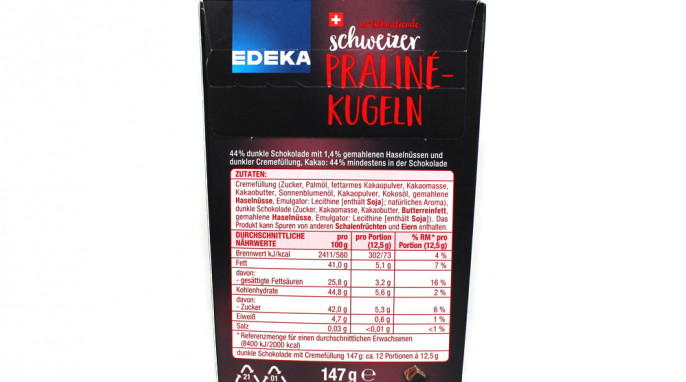 Rückseite, EDEKA Zartschmelzende Schweizer Pralinékugeln