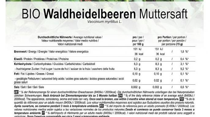 Nährwerte, Marulo Bio Waldheidelbeeren Muttersaft, tilia.bio, 05.02.2021