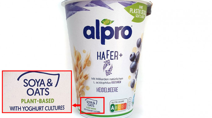 Hinweis, Alpro Hafer+, Beispiel Sorte Heidelbeere