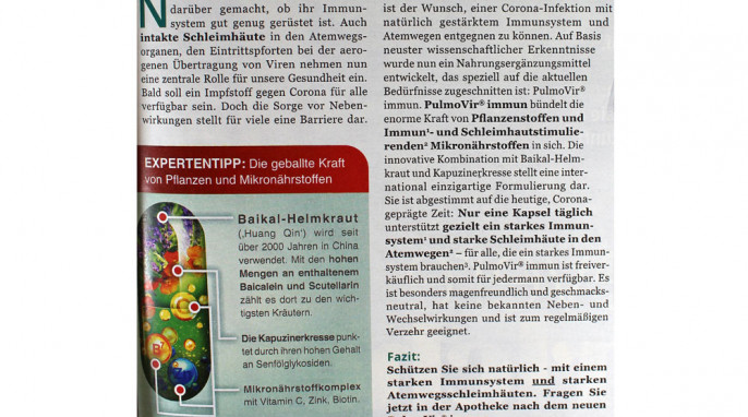 Ausschnitt Anzeige „PulmoVir® immun“ in „TVdirekt“, Ausgabe 3/2021, Seite 17