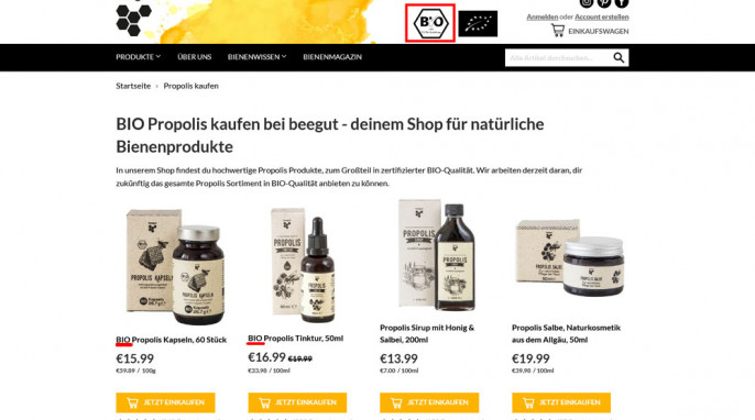 Bio-Propolis, Angebot auf beegut.de, Screenshot 22.02.2021