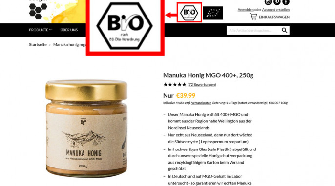 Manuka Honig MGO 400+, 250 g, Angebot auf beegut.de, Screenshot 22.02.2021 
