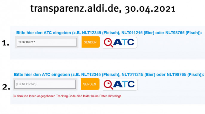 Eingabe Tracking Code + Ergebnis, transparenz.aldi.de, 30.04.2021