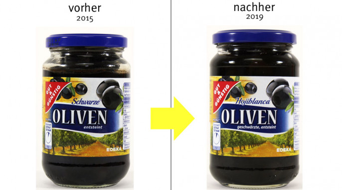 Gut & Günstig Schwarze Oliven, entsteint, 2015; Oliven, geschwärzt, 2019