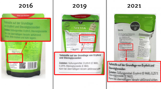 Rückseite, Borchers Kristalline Streusüsse Stevia, 2016, 2019, 2021