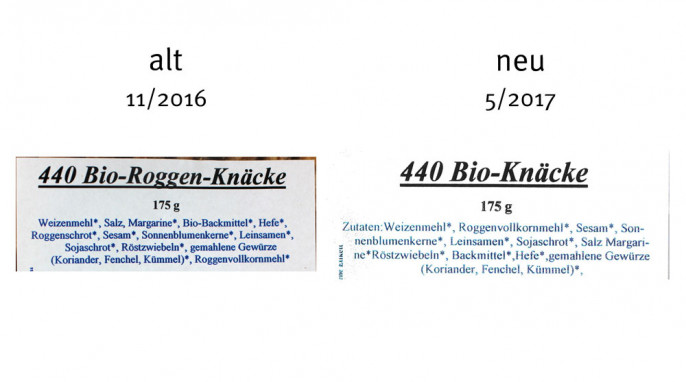 alt: Zutaten, Butterfly - 440 Bio-Roggen-Knäcke, vor 05/ 2017; neu: Butterfly - 440 Bio-Roggen-Knäcke, nach 05/2017