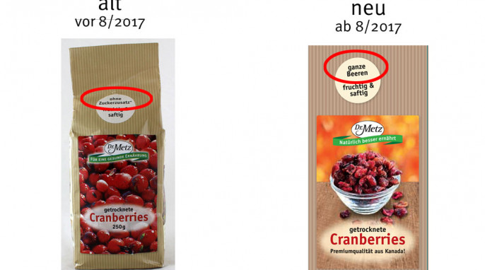 alt: Dr. Metz "Getrocknete Cranberries", vor August 2017; neu: ab August 2017, Herstellerfoto