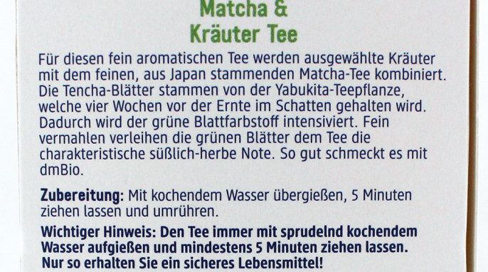 Werbung, dm Bio Matcha & Kräuter Tee