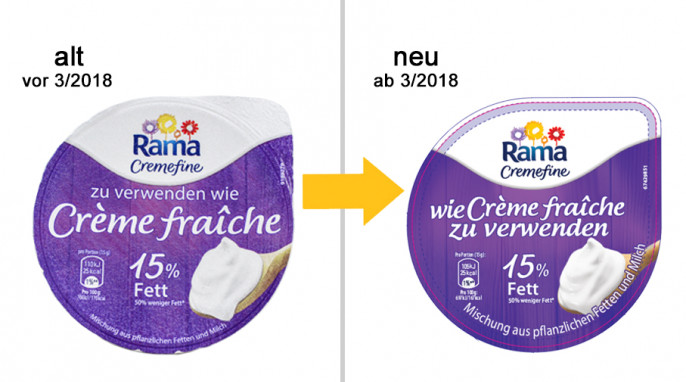 alt: Deckel, Rama Cremefine – zu verwenden wie Crème fraîche, vor 3/2018; neu: Deckel, Rama Cremefine – wie Crème fraîche zu verwenden, ab 3/2018, Herstellerfoto