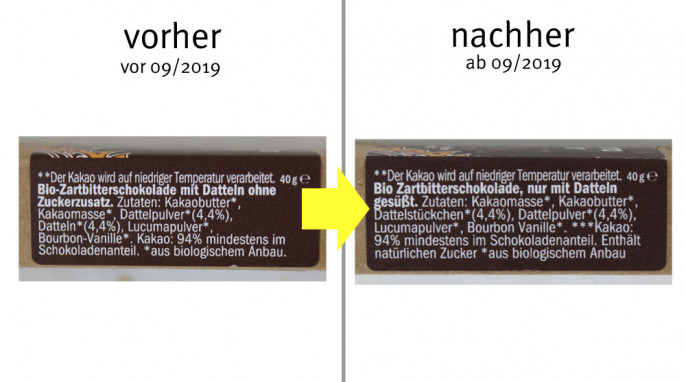 alt: Bezeichnung + Zutaten, Love Chock 94 %, vor 09/2019; neu: 09/2019