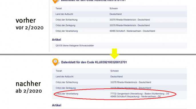 : Datenblatt, herkunft.aldi-sued.de vom 19.12.2019; neu: vom 13.02.2020