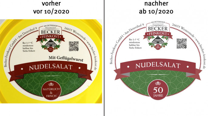 alt: Becker Feinkost Nudelsalat mit Geflügelwurst, vor 10/2020; neu: ab 10/2020, Herstellerfoto