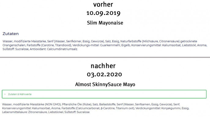 alt: Zutaten + Bezeichnung, Slim Mayonnaise, cleanfoods.de, 10.09.2019; neu: Almost Skinny Sauce Mayo, 03.02.2020