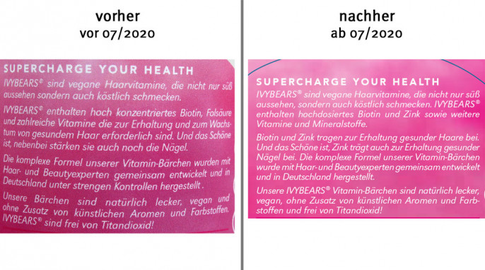 alt: Werbung, Ivy Bears Womens Hair Vitamins, vor Juli 2020; neu: Werbung, ab Juli 2020, Herstellerfoto
