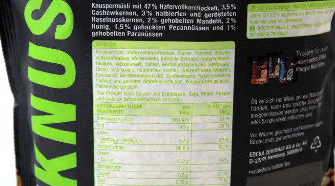 Zutaten und Nährwerte, Edeka Knuspermüsli Honig-Nuss