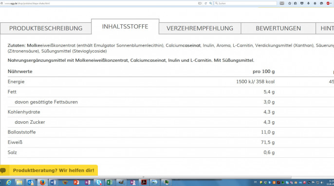 Inhaltsstoffe 1, Shape Shake auf egg.de, Screenshot 11.01.2016