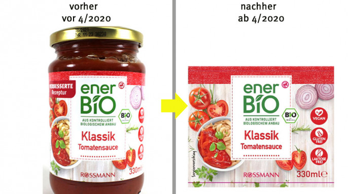 Alt: Ener Bio Klassik Tomatensauce vor 04/2020; neu:  Ener Bio Klassik Tomatensauce ab 04/2020