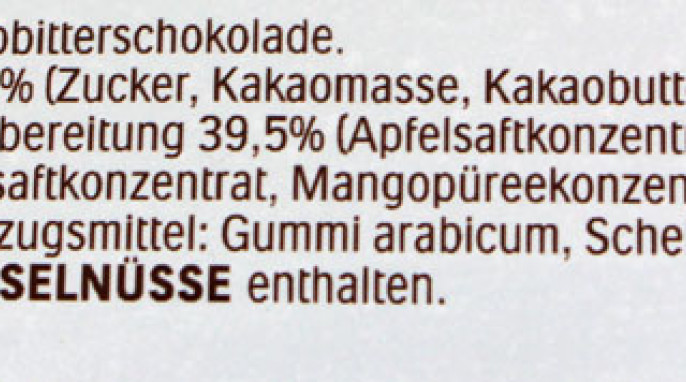 Bezeichnung und Zutaten, Ferrero ValParaiso Feine Schoko-Frucht-Perlen Physalis & Mango auf Apfelbasis