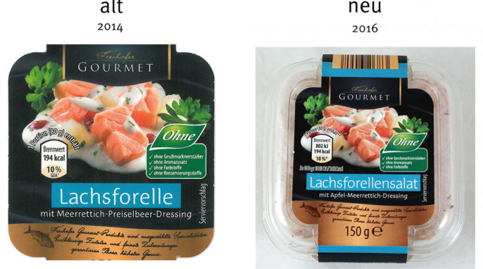 alt: Zutaten, Freihofer Gourmet Lachsforelle mit Meerrettich-Preiselbeer-Dressing, 2014; neu: Zutaten, Freihofer Gourmet Lachsforelle mit Apfel und Meerrettich-Dressing, 2016