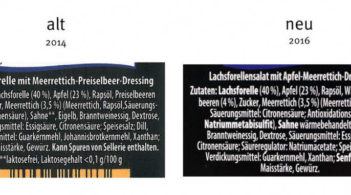 alt: Freihofer Gourmet Lachsforelle mit Meerrettich-Preiselbeer-Dressing, 2014; neu: Freihofer Gourmet Lachsforelle mit Apfel und Meerrettich-Dressing, 2016