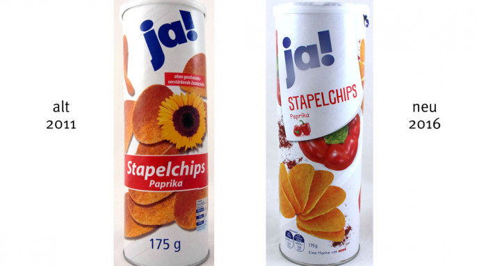 alt: Ja! Stapelchips Paprika, vor 2016; neu: Ja! Stapelchips Paprika, nach 2016