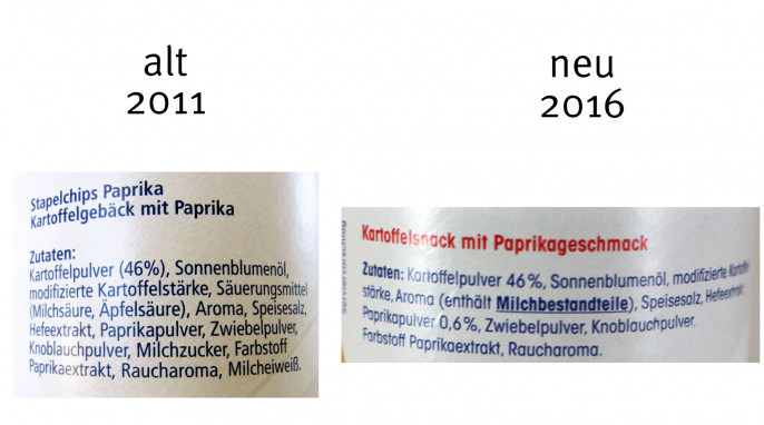 alt: Zutaten, Ja! Stapelchips Paprika, vor 2016; neu: Zutaten, Ja! Stapelchips Paprika, nach 2016
