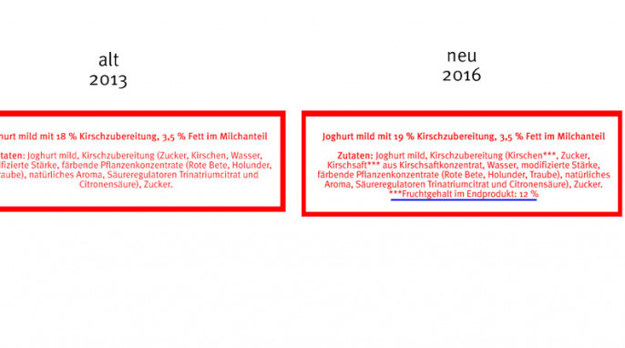 alt: Zutaten REWE Beste Wahl Joghurt mild Kirsche 3,5 % Fett 2011 , neu: Zutaten REWE Beste Wahl Joghurt mild Kirsche 3,5 % Fett 2016