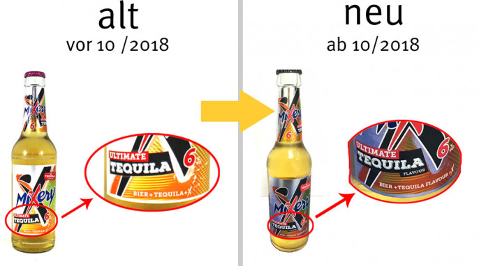 alt: Karlsberg Mixery Ultimative Tequila vor 10/2018; neu: Karlsberg Mixery Ultimative Tequila flavour, ab 10/2018, Herstellerfoto