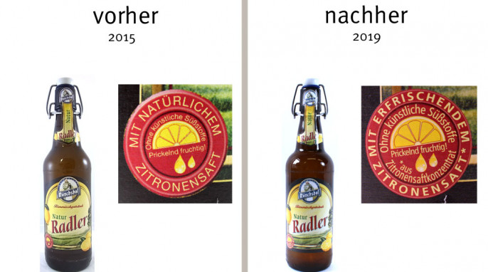 alt: Mönchshof Biermischgetränk Natur Radler, 2015; neu: 2019