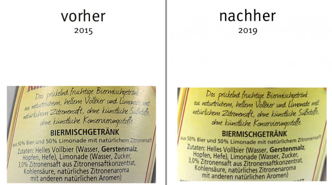 alt: Zutaten, Mönchshof Biermischgetränk Natur Radler, 2015; neu: 2019