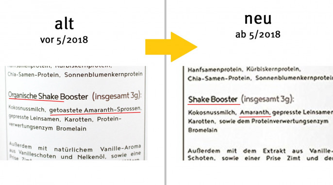 alt: Werbung Seite 1, Honest Nutrition Vegan Protein, Beispiel Sorte Vanille; neu: Werbung Seite 1, Honest Nutrition Vegan Protein, Beispiel Sorte Vanille, Screenshot 29.05.2018 von amazon.de 