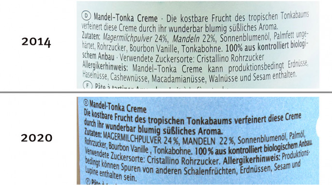 Zutaten, Rapunzel Mandel-Tonka Creme, 2014 und 2020