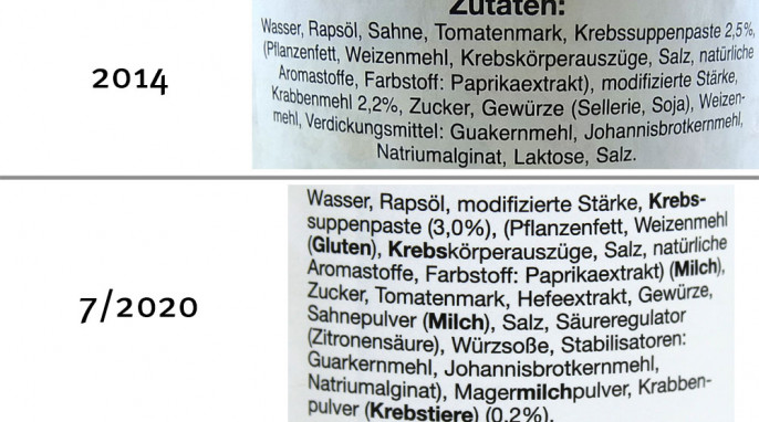 alt: Zutaten, Reinecke’s Büsumer Krabben-Cremesuppe, 2014; neu: 7/2020