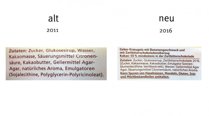 alt: Zutaten, REWE Gelee Bananen in feiner Zartbitterschokolade, vor 2016; neu: Zutaten, REWE Gelee Bananen in feiner Zartbitterschokolade, nach 2016