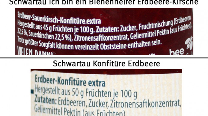 Zutaten,  Schwartau Ich bin ein Bienenhelfer Erdbeere-Kirsche und Schwartau Erdbeere Konfitüre extra