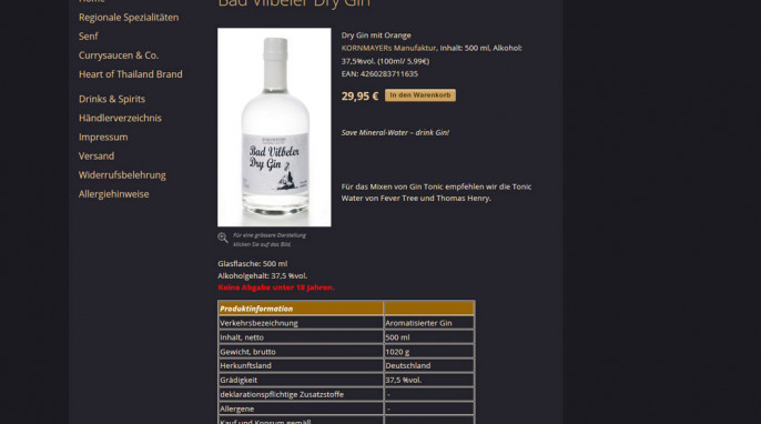 Angebot Kornmayers Bad Vilbeler Dry Gin auf kornmayers.de, Screenshot vom 04.12.2017